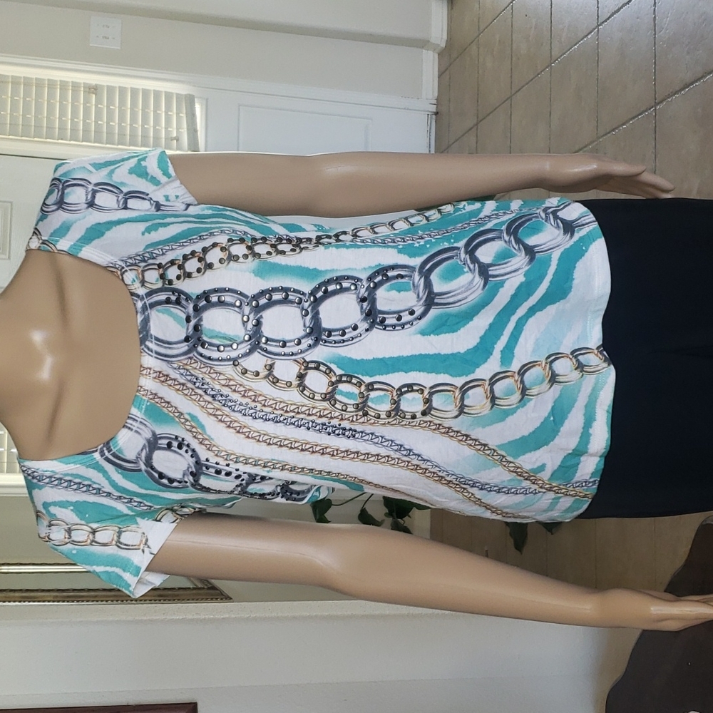 {Cache} M Chain Pattern Metal Detail Scoop Neck E… - image 1